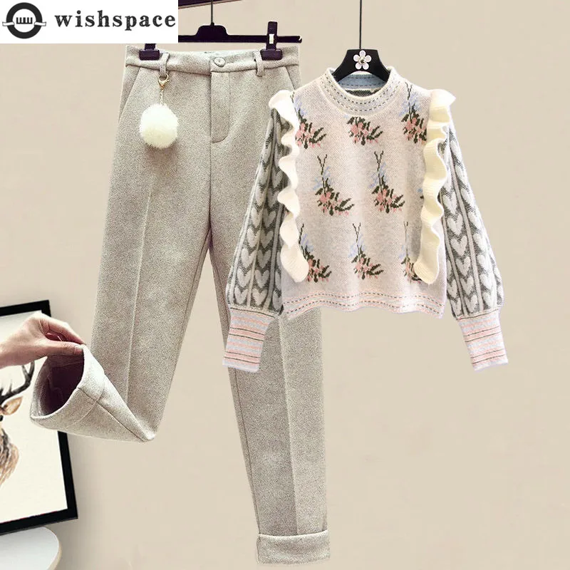 Autumn Winter 2022 Vintage Printed Knitted Sweater Casual Woolen Trousers Two-piece Set Elegant Women's Pants Set Warm Outfit