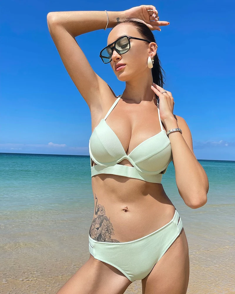 andzhelika sólido biquínis mulheres bandage biquíni conjuntos maiô sexy halter duas peças beachwear maiô roupa de banho