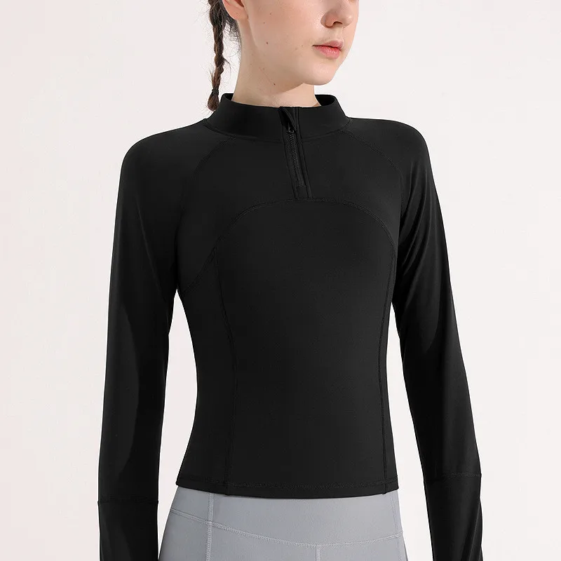 Solid Color Comprehensive Training Fitness Women Sport Jacket Top Stand-up Collar Half Zipper Long Sleeve Yoga Shirt Coat Thumb