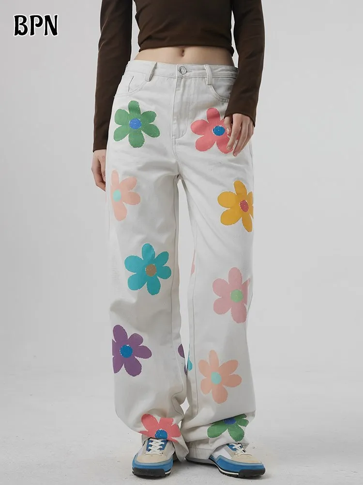 

BPN Casual Print Denim Wide Leg Pants For Women High Waist Hit Color Patchwork Pocket Loose Streetwear Trousers Female Clothing