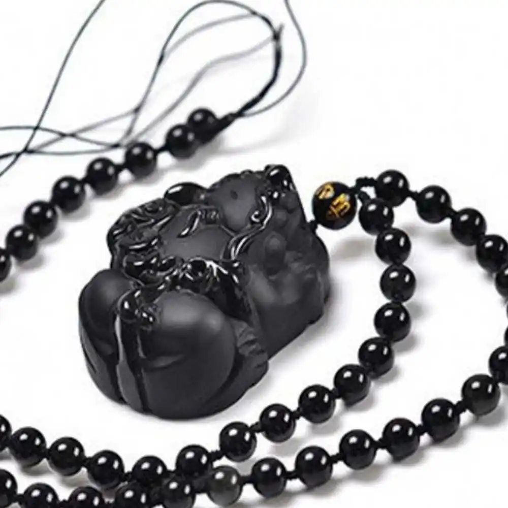 

Natural 100% Obsidian Carved Pi Xiu Lucky Amulet Pendant Clavicle Stainless Energy Wedding Men Gift Women Choker Charm Healing