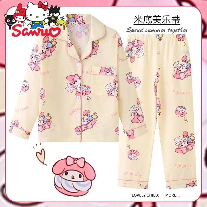 MINISO Melody Kuromi Hello Kitty Cinnamoroll Pochacco Children's Pajamas Girls Thin Baby Set Long Sleeve Cardigan Home Wear