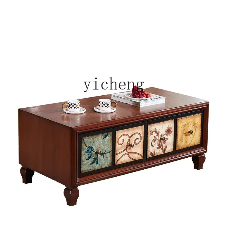 

ZC Painted Solid Wood Living Room TV Cabinet and Tea Table Combination Small Apartment Household Coffee Table Storage Tea Table