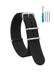 Premium Ribbed Nylon Strap - Military Ballistic Fabric Replacement Watchband - 22mm (Black - Steel Buckle)