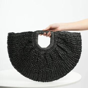 Casual Rattan Wicker Tote Bag Large Capacity Woven Designer Beach Bag Women's Straw Summer Half-moon Beach Handbag Shopper Tote