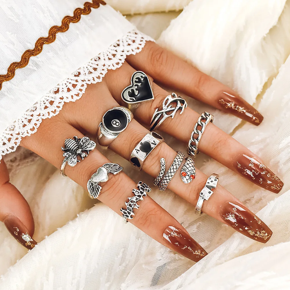 

S3604 Vintage Silver Ring Set Geometric Heart Bee Snake Stacking Rings Midi Rings Sets 10pcs/set