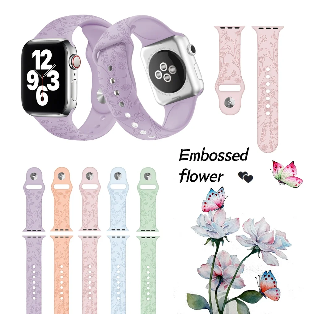 

2022 New Flower For Apple Watch Strap IWatch Series 7/SE/6/5 Silicone band iWatch 7 Embossed Silicone Strap For Iwatch Strap