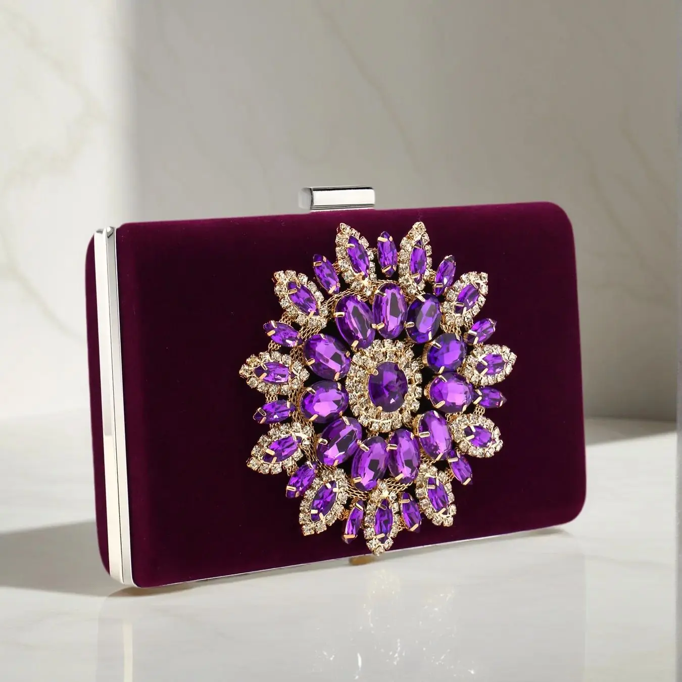 Crystal Flower Evening Clutch Bag for Women with Rhinestones