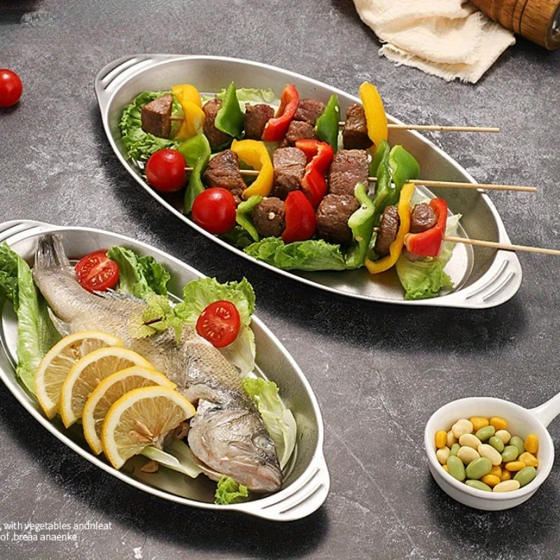 304 Stainless Steel Fish Plate Grilled Fish Plate Creative Barbecue Snack Type Dish Oval Steamed