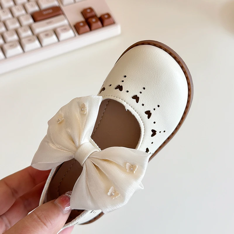 Little Girl's Leather Shoes Cut-outs Bowtie Pu Leather Shallow Kids Mary Janes Round Toe Children Shoes 21-30
