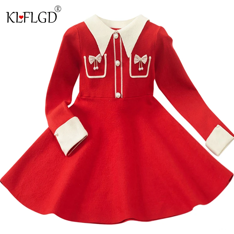 

Autumn new girls' Knitted Sweater Dress sweet bow Lapel knitted A-line skirt children's College style skirt 2-10t