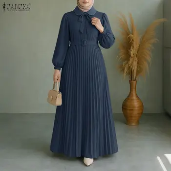 ZANZEA Fashion Muslim Dress Abaya Women Long Lantern Sleeve Pleated Sundress Belted Robe Femme Work Vestidos 2025 Autumn Dresses