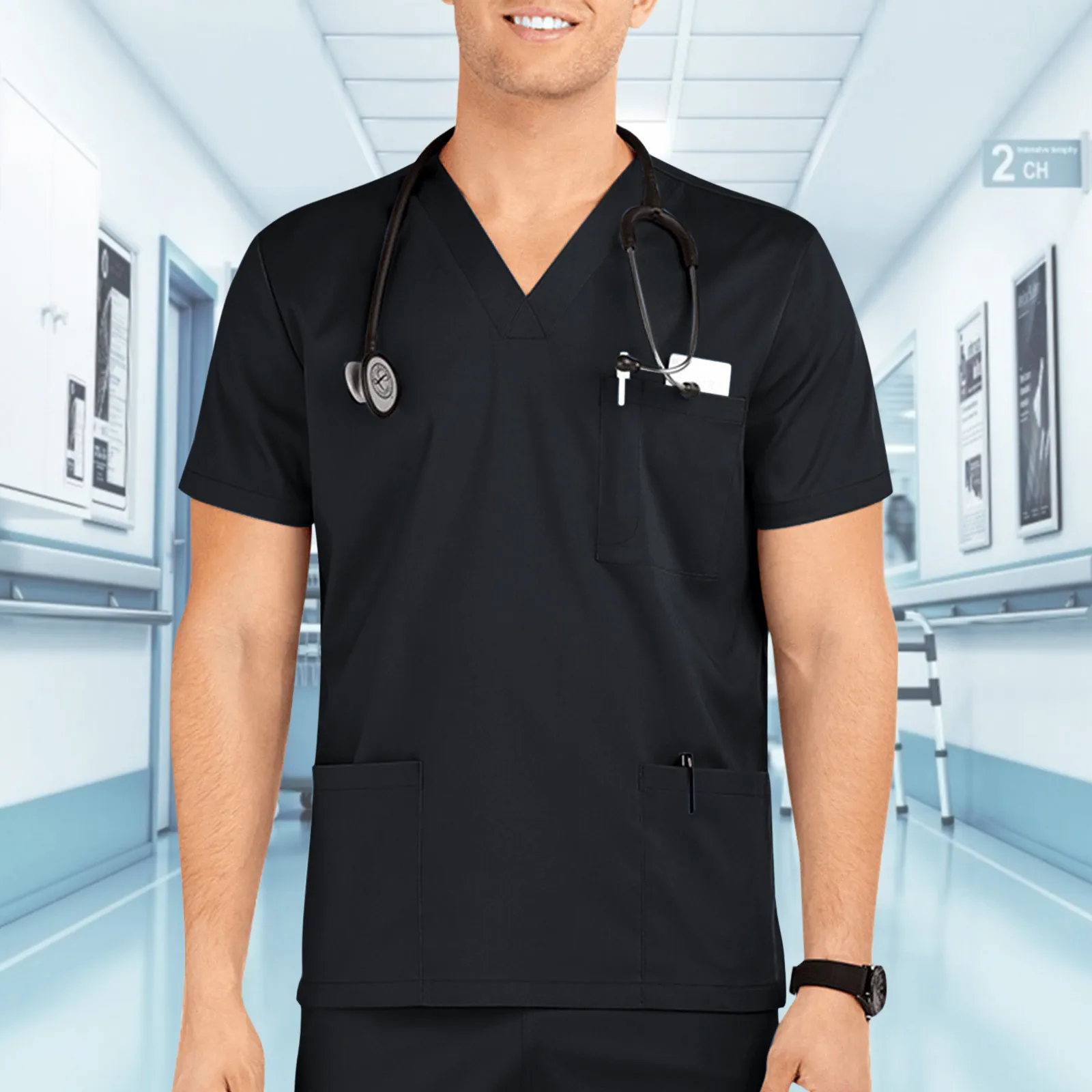 Mens Nurse Uniform Scrubs Tops Solid Color Short Sleeve Nursing Uniforms Healthcare Workers Workwear Blouse Medical Uniform Top