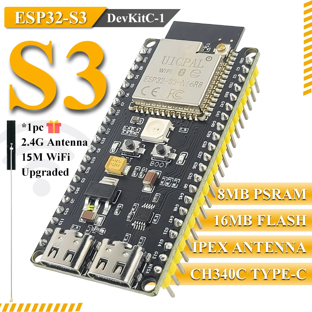 ESP32-S3-DevKitC-1 Entwicklungsboard BT 2.4G Wifi-Modul für Arduino 8 MB PSRAM 16 MB FLASH N16R8 42Pin CH340C Typ-C ESP32 S3