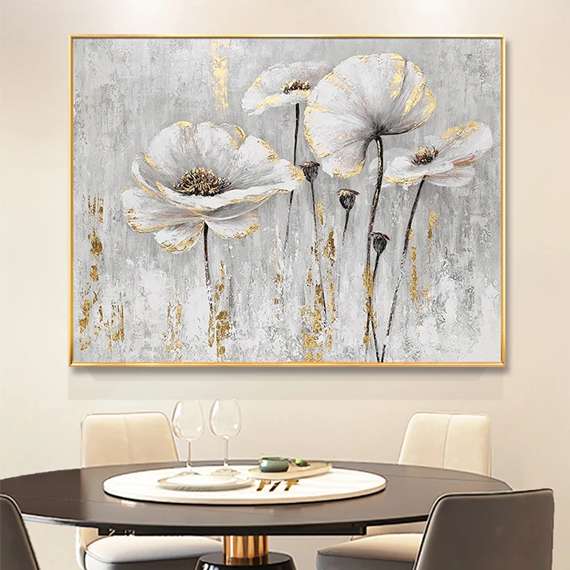 

OQ 100% Handmade Gold Abstract White Flower Oil Painting On Canvas Wall Art Picture For Living Room Bedroom Unique Gift Unframed