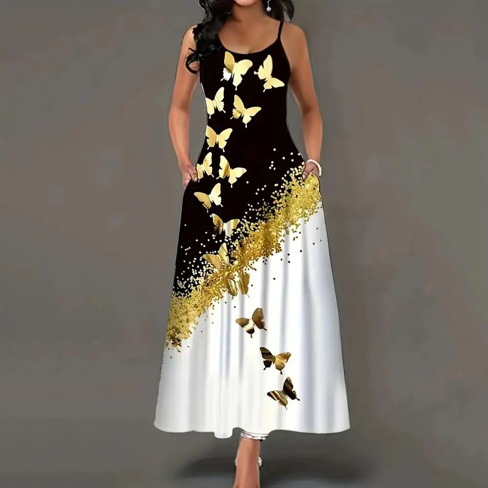 

Backless Maxi Dress Casual Long Dress Elegant Print Maxi Dress with Pockets Women's Sleeveless A-line Summer Round Neck Backless