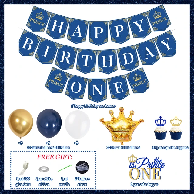 Decoración de fiesta de primer cumpleaños del príncipe real para niño,  pancarta de cumpleaños, corona, globos, príncipe uno, suministros de primer