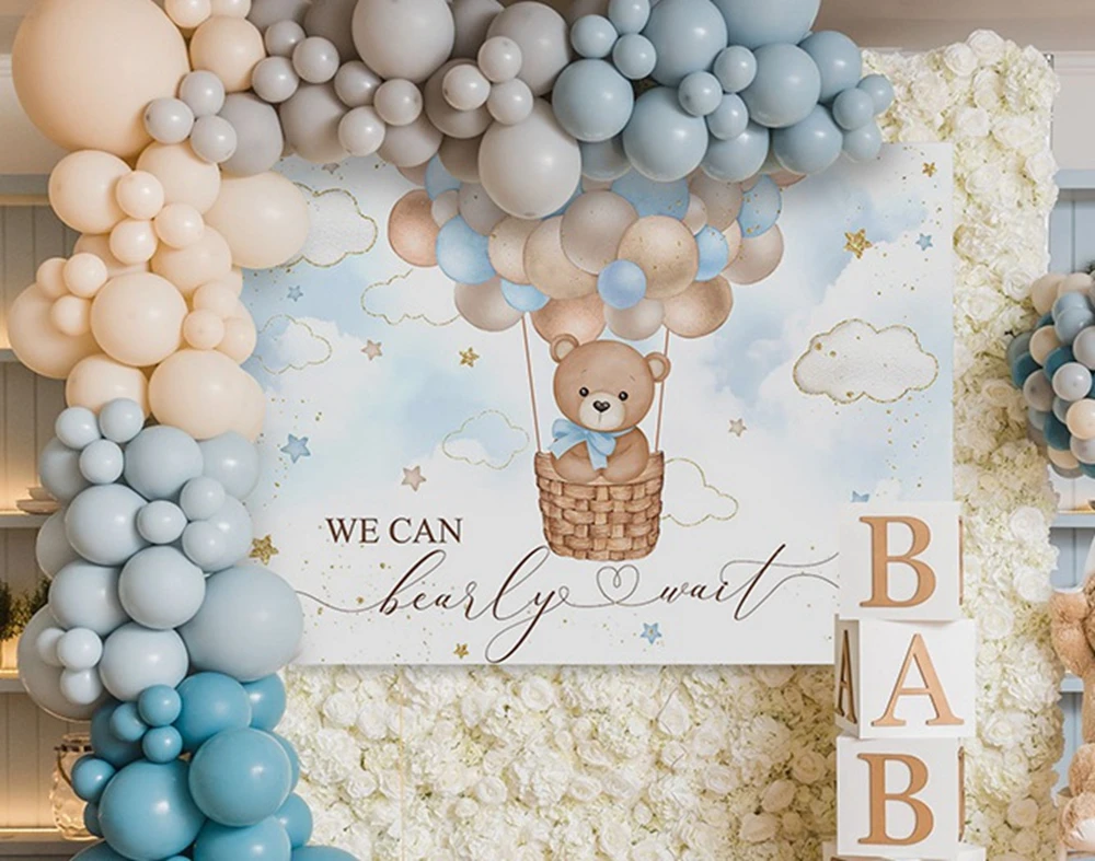Bear Backdrop Hot Air Balloons Baby Shower We Can Bearly Wait Kids Birthday Party Photography Background Decor Banner photo backdrop
