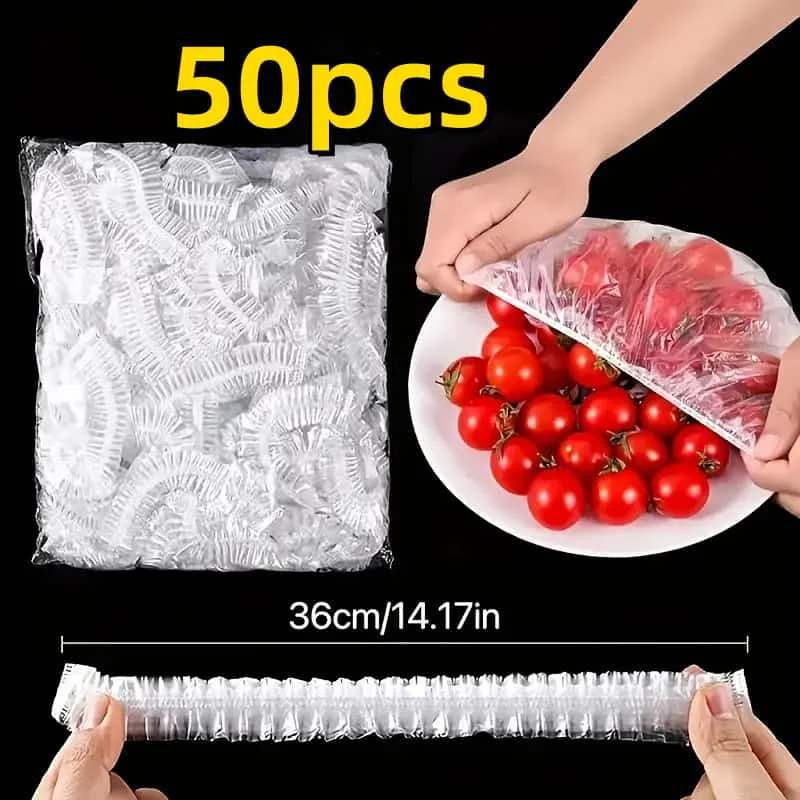 50 шт. багаторазових еластичних харчових кришок PE - розтяжні пластикові кришки для хліба, фруктів, закусок |   Міцне прозоре ущільнення