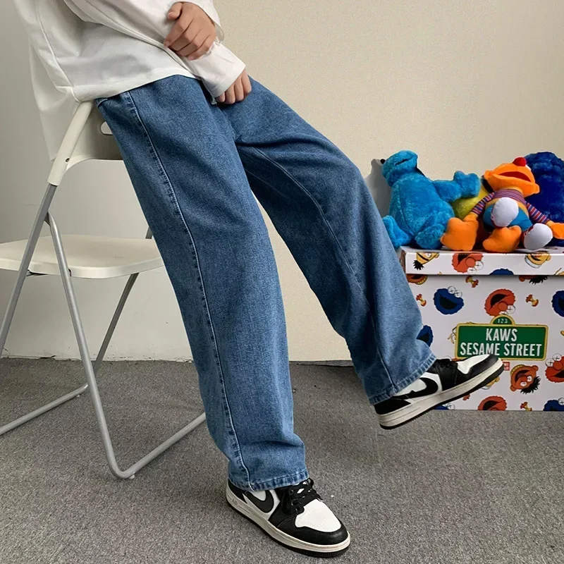 2024 New Korean Fashion Baggy Jeans Men Streetwear Loose Straight Wide Leg Pants Male Brand Clothing Black Light Blue 4