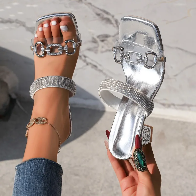 Women's slippers 2025 summer fashion Transparent belt metal decoration box shaped square Alien heel high heels wearing sandals 3