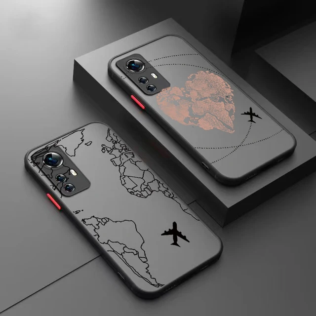 Funda de teléfono de viaje de mapa del mundo de aviones para Xiaomi Mi 11 Lite, 14, 13T, 13, 12T, 12, 11T, Poco F5, X5, X4 Pro, X3, F3, C65, cubierta dura a prueba de golpes