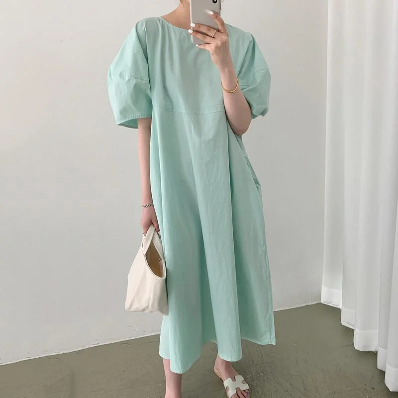 2022 Summer New Minimalism Gentle Mint Green Round Neck Clothing Loose Casual Puff Sleeve Straight Robe Green Dress