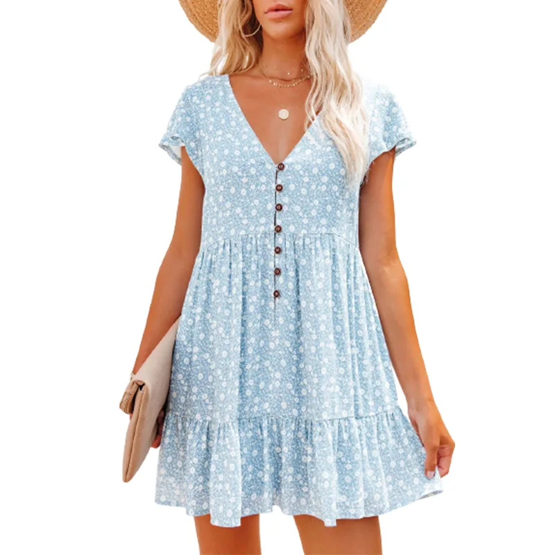 Summer Boho Floral Mini Dress Women Sexy V-neck Short Sleeve Casual Loose Chiffon Dresses 2022 Fashion Ruffles Woman Sundress cocktail dresses