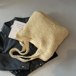Stylish Natural Straw Crochet Tote Bag with Wide Handle (Off - white)