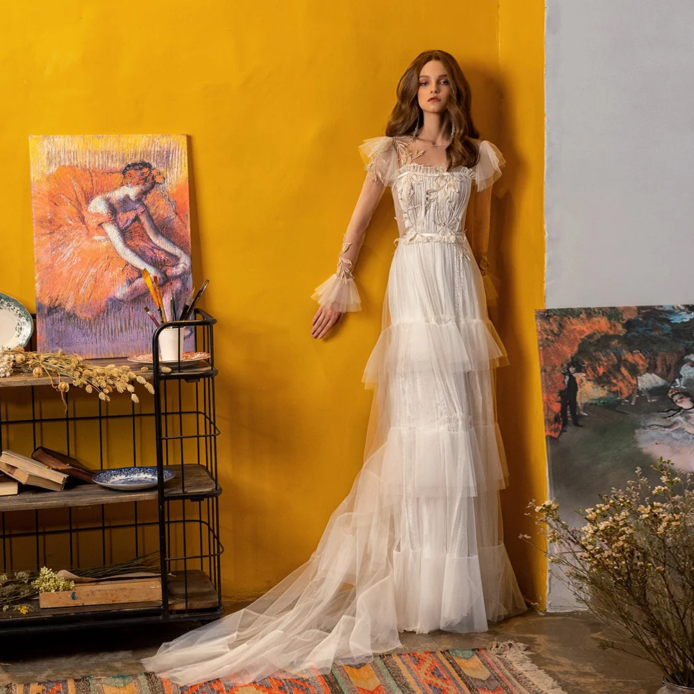 

Square Collar Tulle Embroidery Prom Dress Women Floor Length Draped Evening Party Gown Illusion Sleeve Long Train Maxi