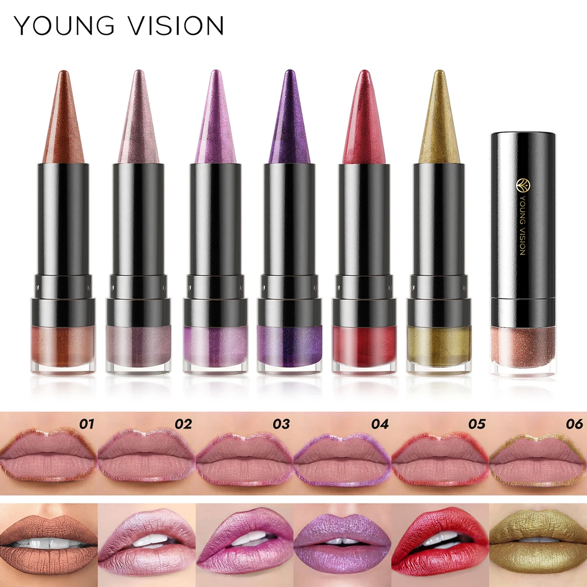 Six-Shade Matte Pearl Shimmer Dual-Effect Lipstick Waterproof Non-Transfer Lipstick Cosmetics YOUNG VISION