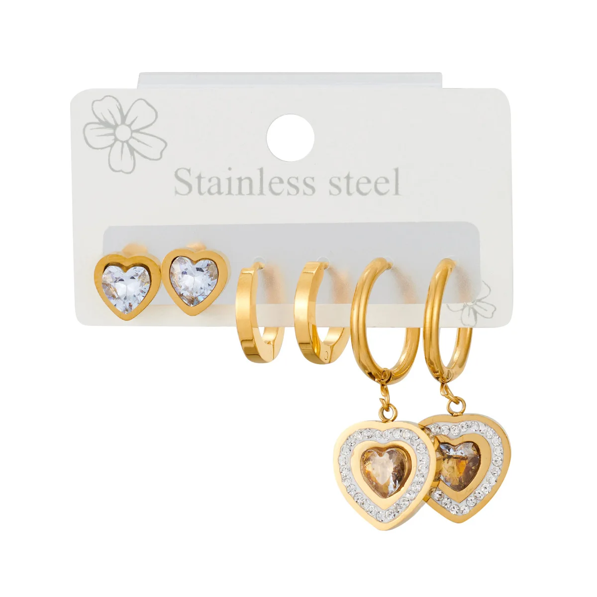 Trendy Stainless Steel Heart Rhinestone Hoop Earrings Jewelry 3Pcs/Set CZ Crystal Party Earrings For Women 4