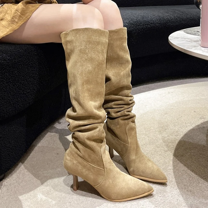 

Pleated High Heels Cowboy Boots for Women 2023 Autumn Pointed Toe Knee High Boots Woman Slip On Thin Heeled Western Botas Mujer
