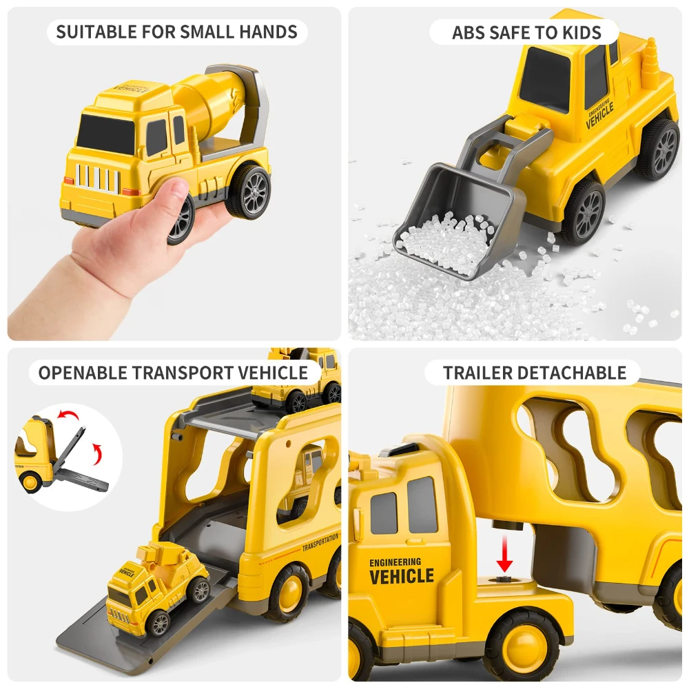 WizKidz 5-in-1 Construction Truck Toy for Kids 3+ Years Old Friction Power Vehicle Set Carrier Transport Trucks for Boys & Girls 4