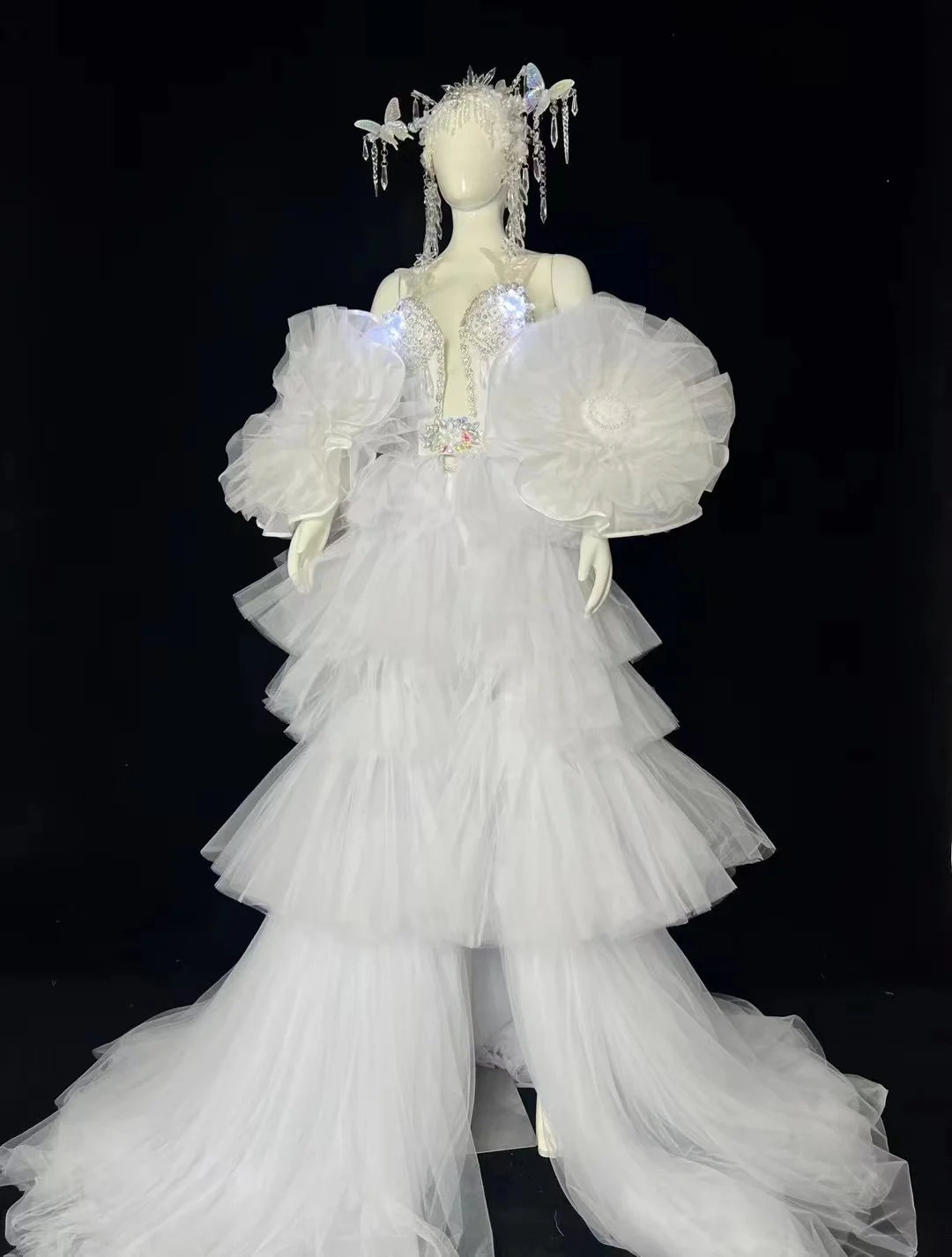 

Женское длинное платье из фатина, белое платье в стиле королевской Ледяной Скульптуры, открытое сценическое платье для шоу, певицы