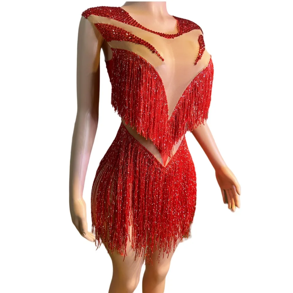 

Sexy Latin Pole Dance Fringe Leotard Red Rhinestones Tassel Bodysuit Women Singer Dancer Costume Group Performance Stage Wear