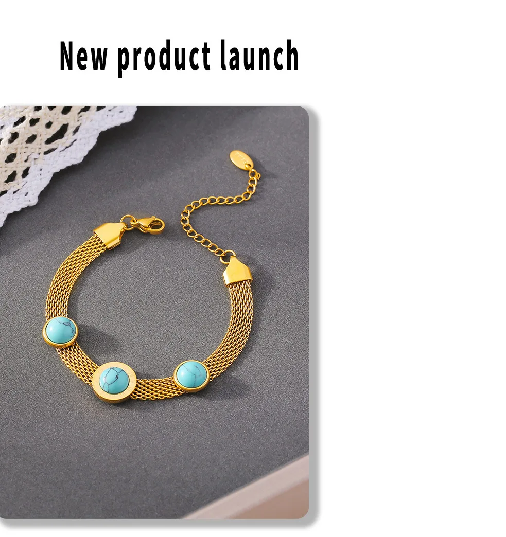 Vintage Blau-Türkis Runder Anhänger Armreif Damen Edelstahl Vergoldete Dicke Kette Luxus Armband Schmuck Accessoires – Detail 7