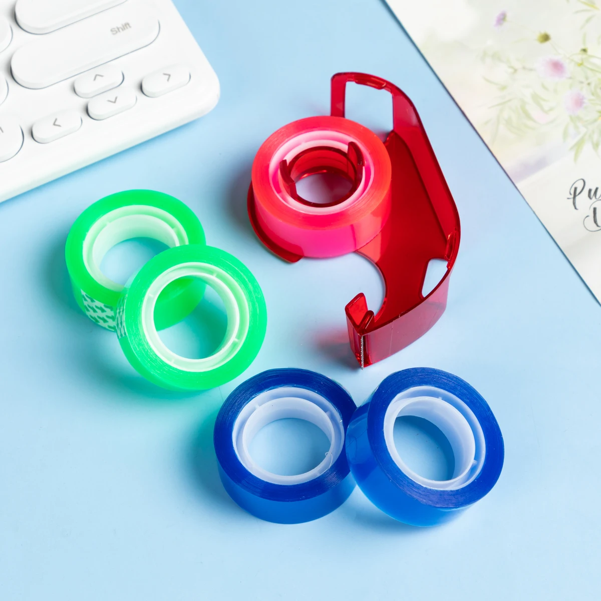 MOTARRO Portable Tape Cutter 15MM*15M with 5 Rolls of Colored Tape Storage Cutting Seat Dispenser Holder