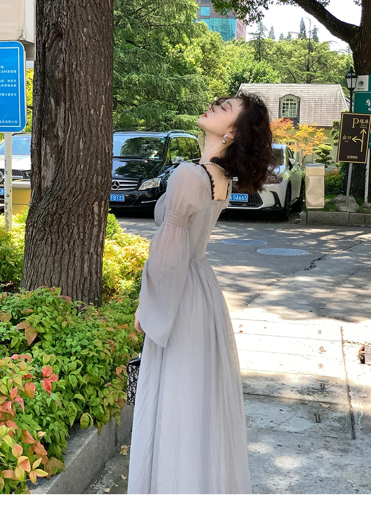 Autumn Princess Midi Dresses for Women Square Collar Flare Sleeve A-line Party Dress Slim Waist Korean One Piece Vestidos New