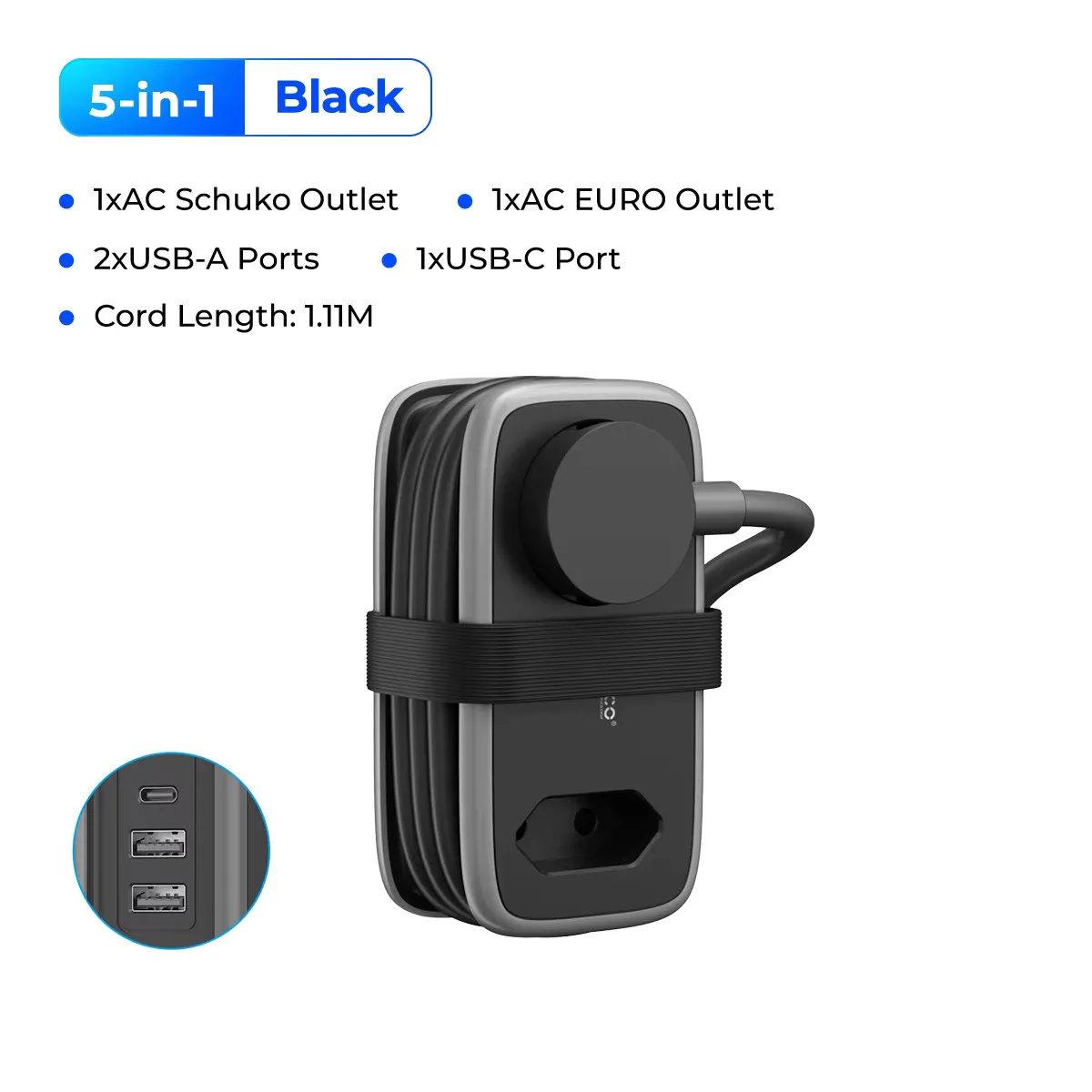 ORICO Travel Power Strip Smart EU Plug 3.6FT Extension Cord 5 Port USB A Type C Charging Station Adaptador Stand