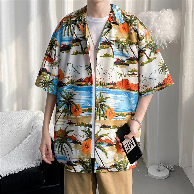 

2024 Spring Summer Men's Casual Shirt Beach Style Vintage Graphic Printed Loose Shirts For Men New Fashion Lapel Buttoned Shirts