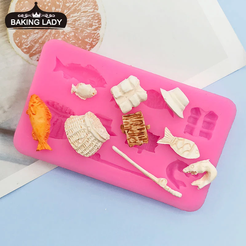 

Fishing suit silicone mold DIY fishing rod fish basket clothes hat fish fondant baking mold west point mold