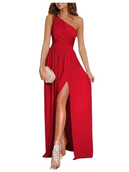 Women's One Shoulder Long Dress Sleeveless Empire Waist Maxi Gown With Side Slit For Evening Party Wedding Guest Formal Wear