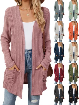 Autumn Winter New Solid Color Pit Stripe Brushed Pocket Cardigan Best Selle Long Sleeved Jacket for Woman Clothes 1
