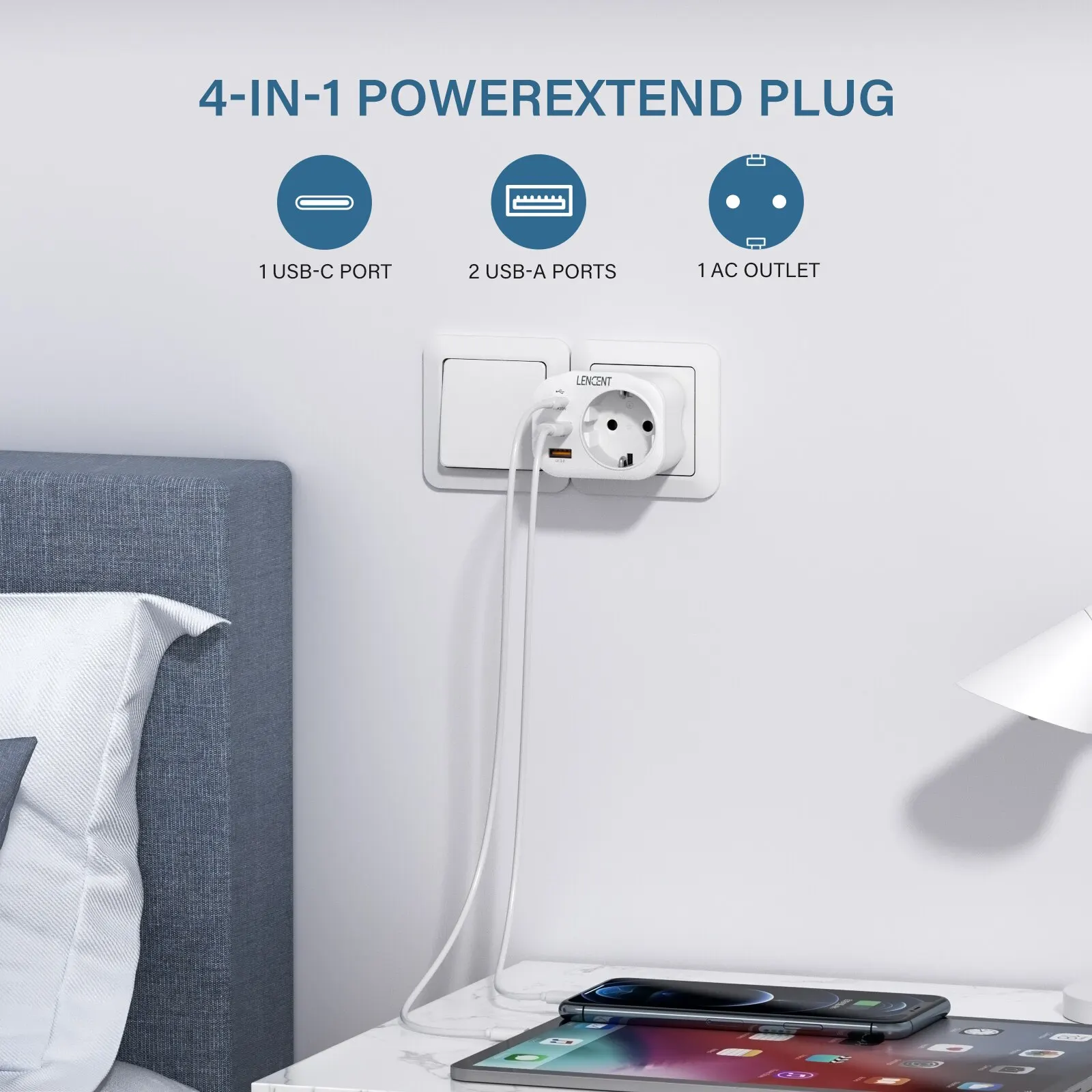 LENCENT EU Plug Wall Socket Extender with 1 AC Outlet 2 USB QC3.0 and 1 Type C PD 20W Multi Socket Fast Charger for Home Travel BEST SELLERS