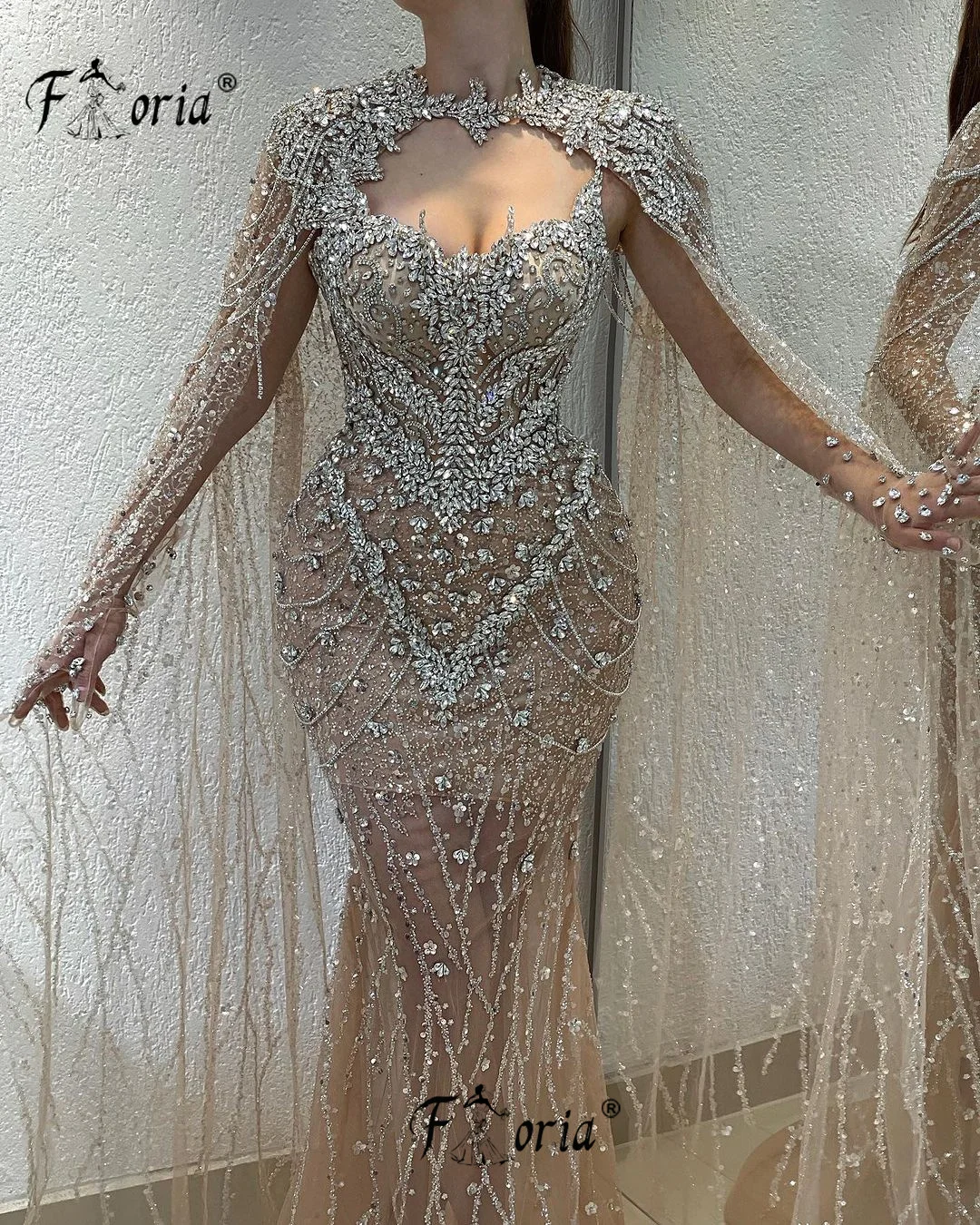 

Luxury Crystal Beaded Mermaid robe de soiree femmes Cape 2Pcs Champagne Wedding Party Gowns Customize Dubai Woman Evening Dress