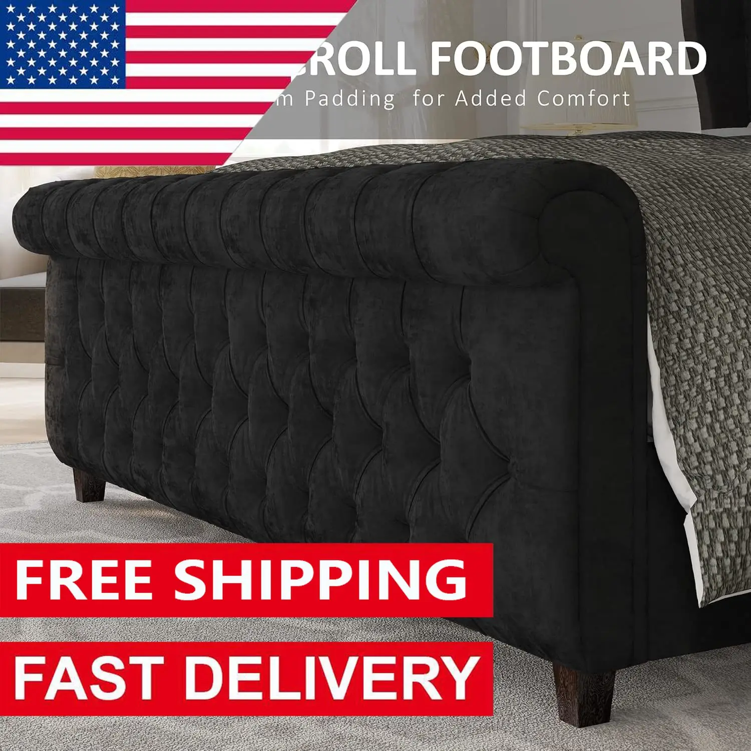 Queen Size Platform Bed Frame, Velvet Upholstered Sleigh Bed with Scroll Wingback Headboard Footboard/Button Tufted/No Box 5