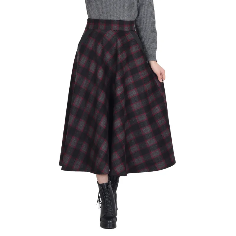 

Autumn Winter New Thick Woolen Plaid A line Skirt Vintage High Waist Maxi Skirt