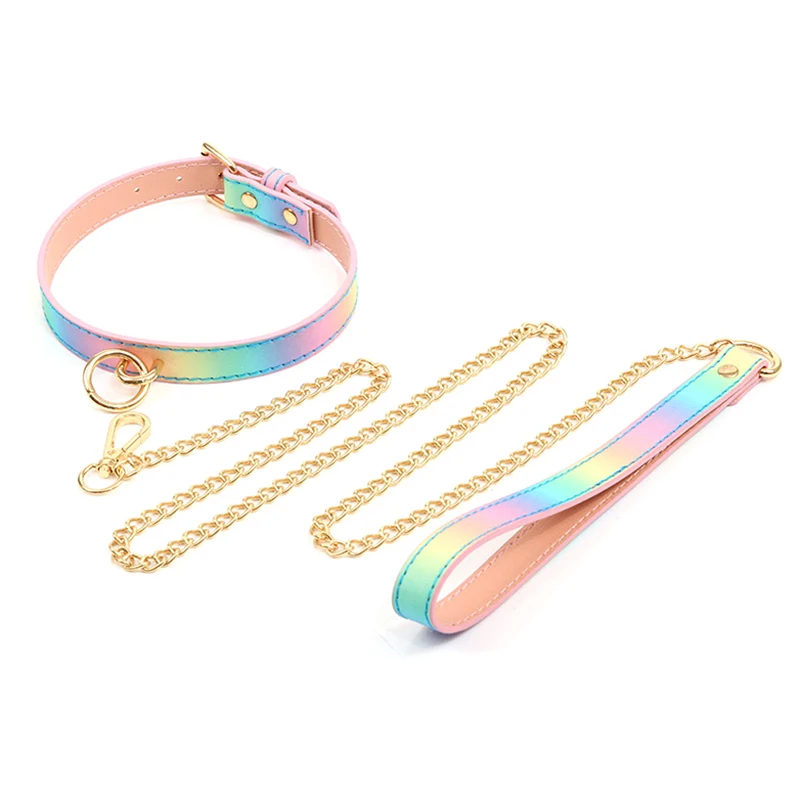 Rainbow PU Leather Collar Bondage Adult Game Sex Collar And Leash Couples Erotic Toy BDSM Sexual Stimulation Toys