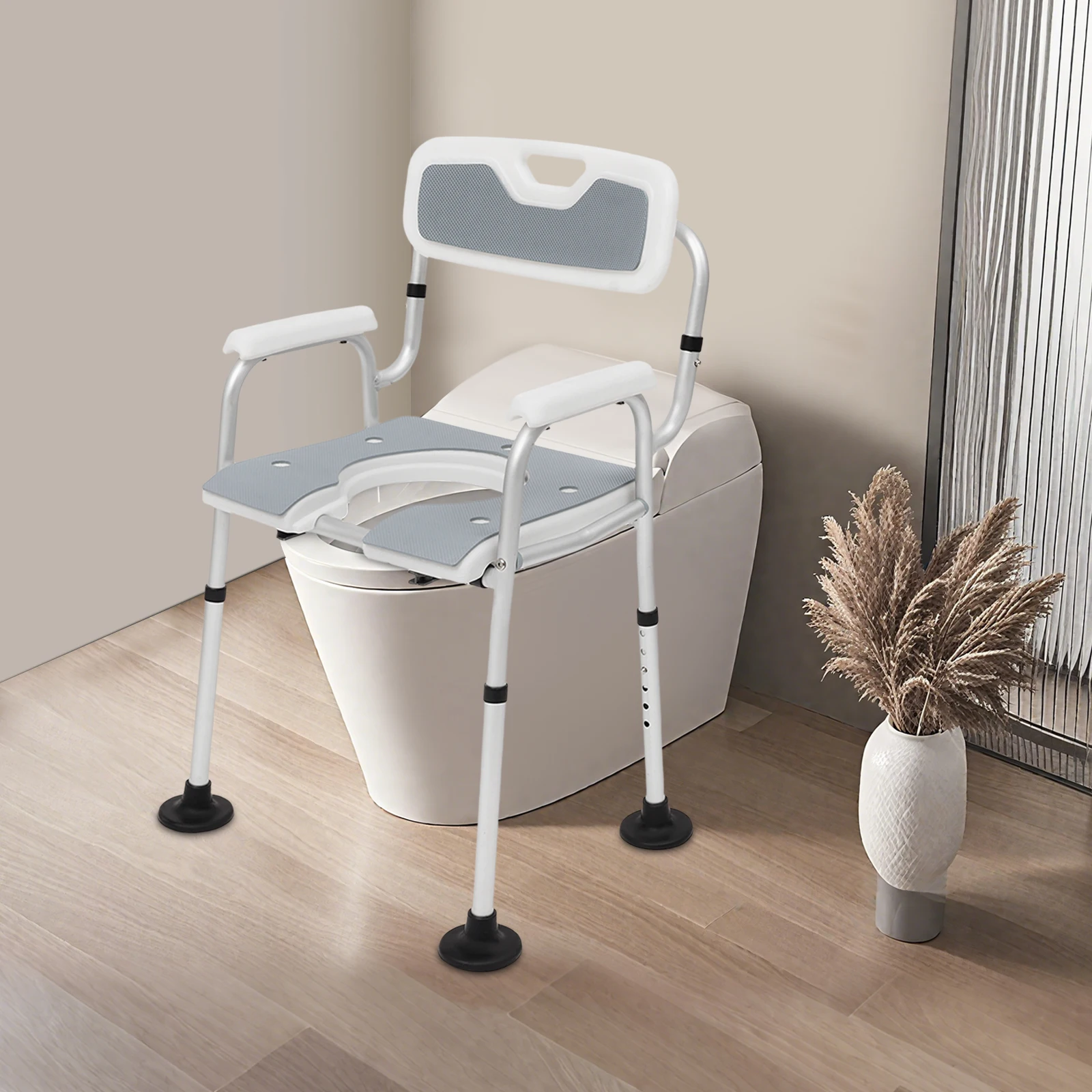 Höhenverstellbarer Duschstuhl für Senioren, Nachttisch-Toilettenstuhl mit Armlehnen und Rückenlehne, Toiletten- und Duschstühle, Toilettenstuhl – Detail 30